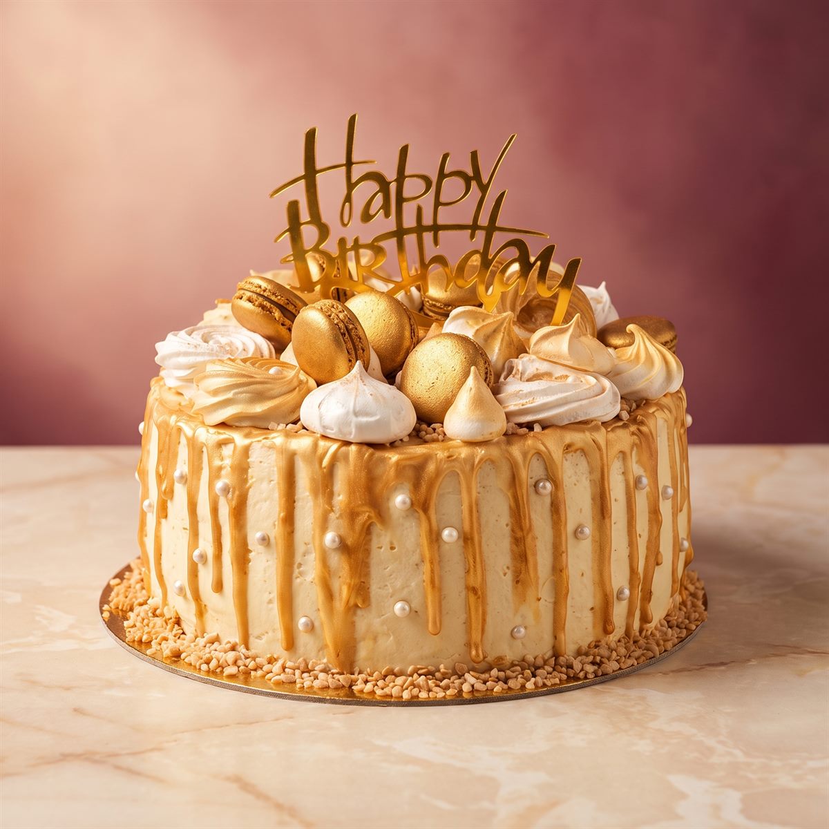 Krémový dort s karamelovým přelivem, makronkami, pusinkami a zlatým nápisem Happy Birthday